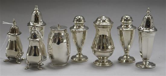 Three pairs of silver condiments including late Victorian and two other silver condiments, 10.5 oz.